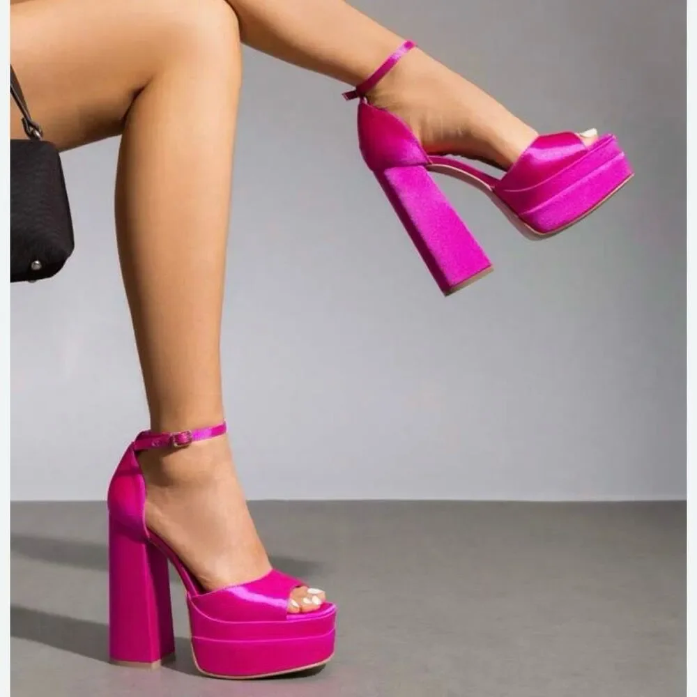 NEW Dream Pairs satin chunky platform heels pumps Size 6 fuchsia hot pink barbie